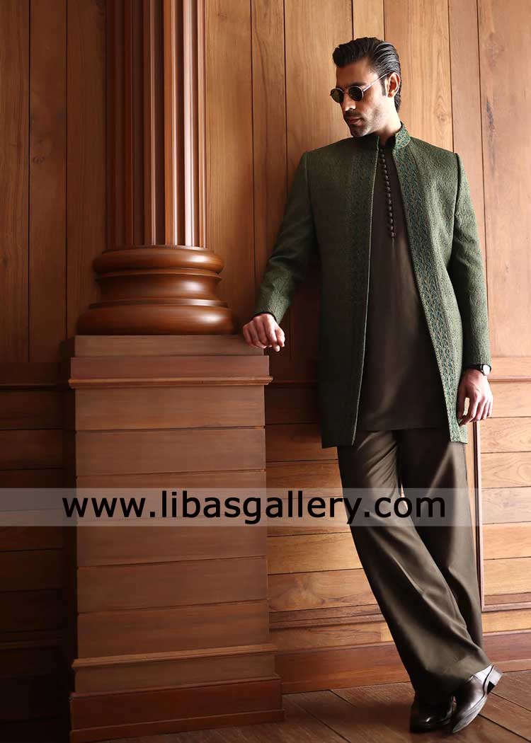 Dark Green open prince coat with hand embellishment 