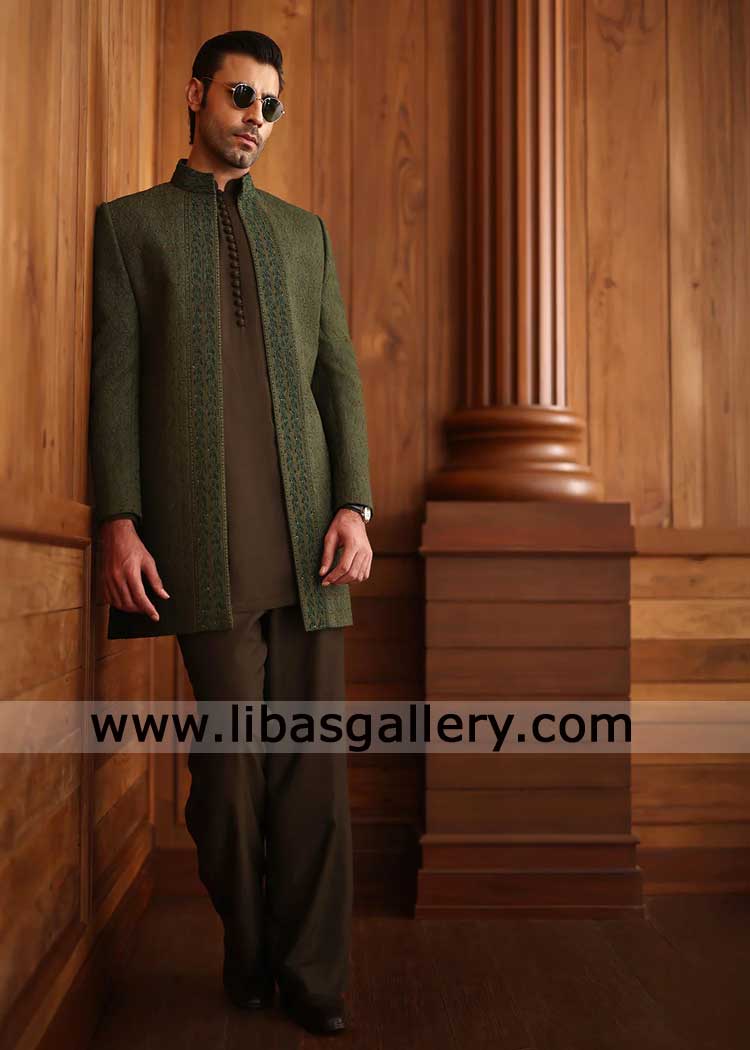 Dark Green open prince coat with hand embellishment 