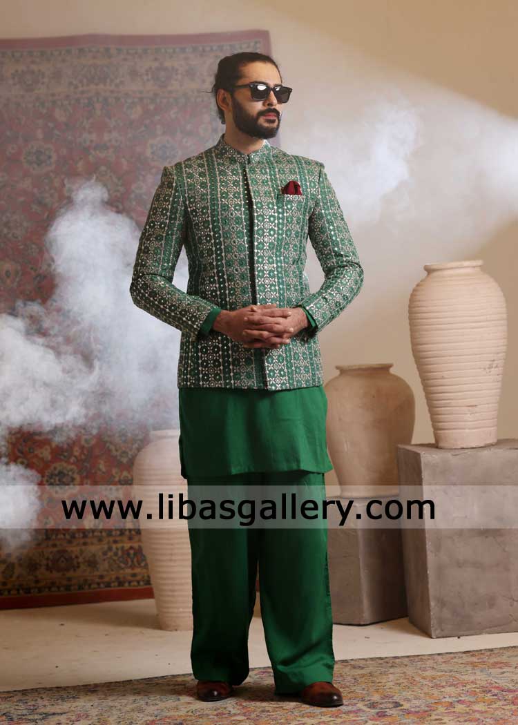 Green wedding prince coat for groom with foil embroidery heavy exclusive paired with inner kurta Farshi shalwar UK USA Canada Dubai Australia