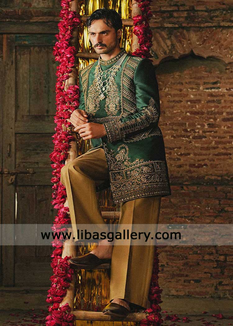 Green raw silk sherwani jodhpuri style embroidered | Pakistani sherwani