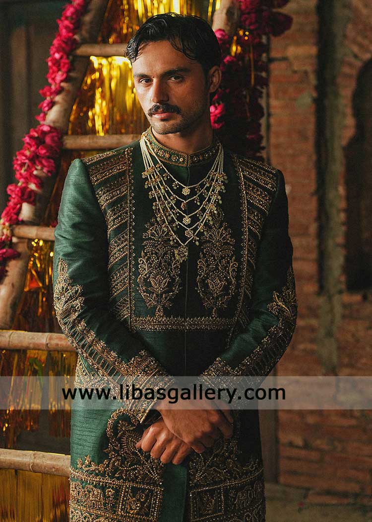 Green jodhpuri mid thigh embroidered groom sherwani
