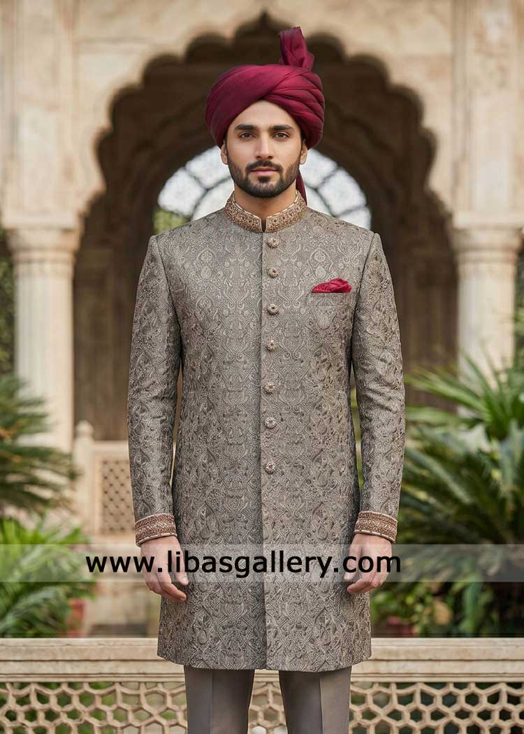 Grand Grey Embroidered Groom Wedding Sherwani set