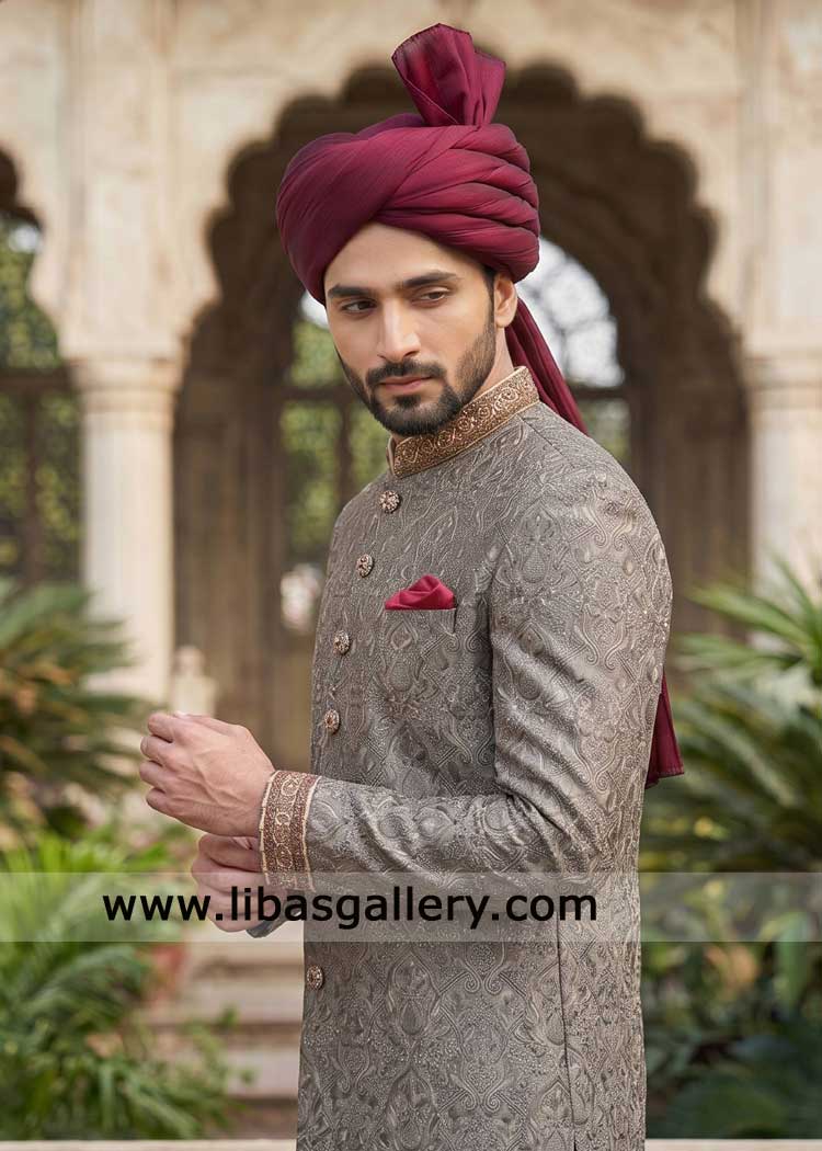 Grand Grey Embroidered Groom Wedding Sherwani set