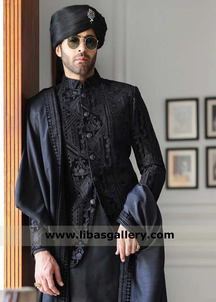 Black Nikah Shawl border embroidered for Groom, Groom Wedding Shawls, Black embroidered shawls Southhall London Bristol Glasgow Liverpool