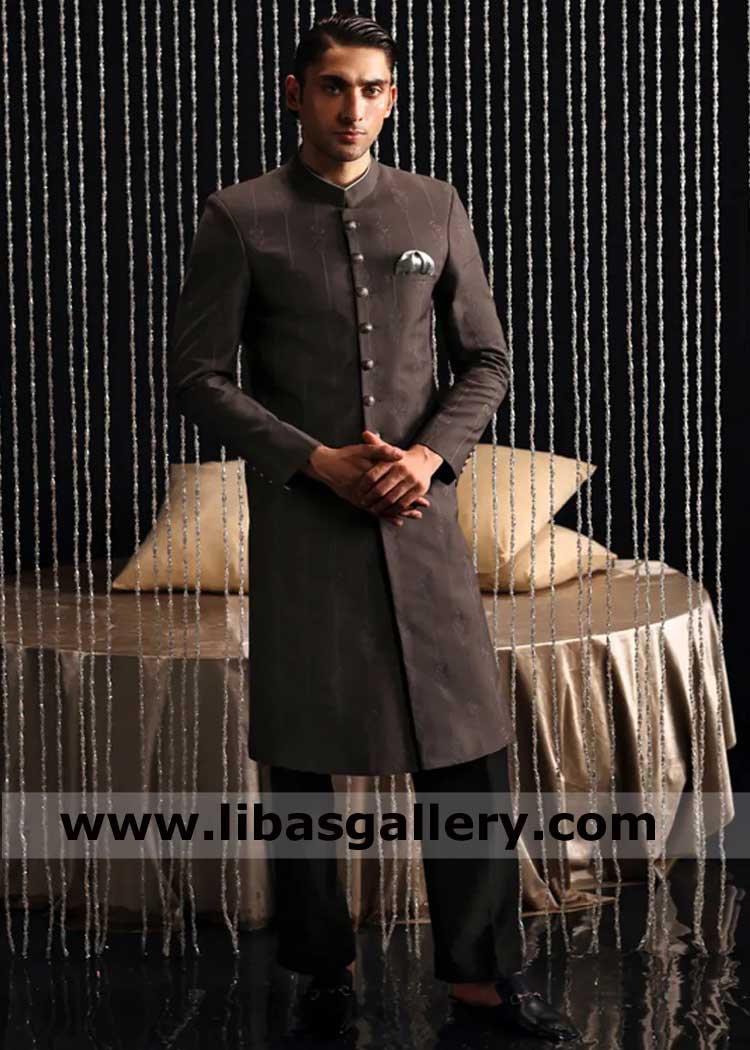 Groom Gray Sherwani in High Quality Suiting
