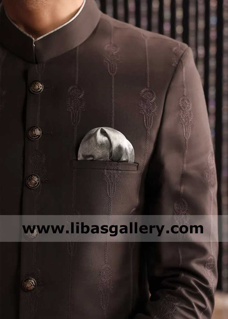 Groom Gray Sherwani in High Quality Suiting