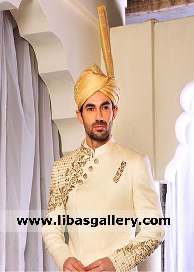 tower turban pretied made in gold jamawar for men nikah barat day with golden cap matching to sherwani option Cardiff Manchester UK