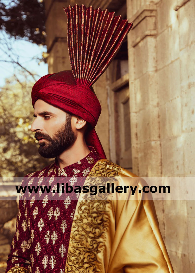 Red wedding turban fan tower style for nikah barat event book your order for upcoming shadi uk usa canada saudi arabia