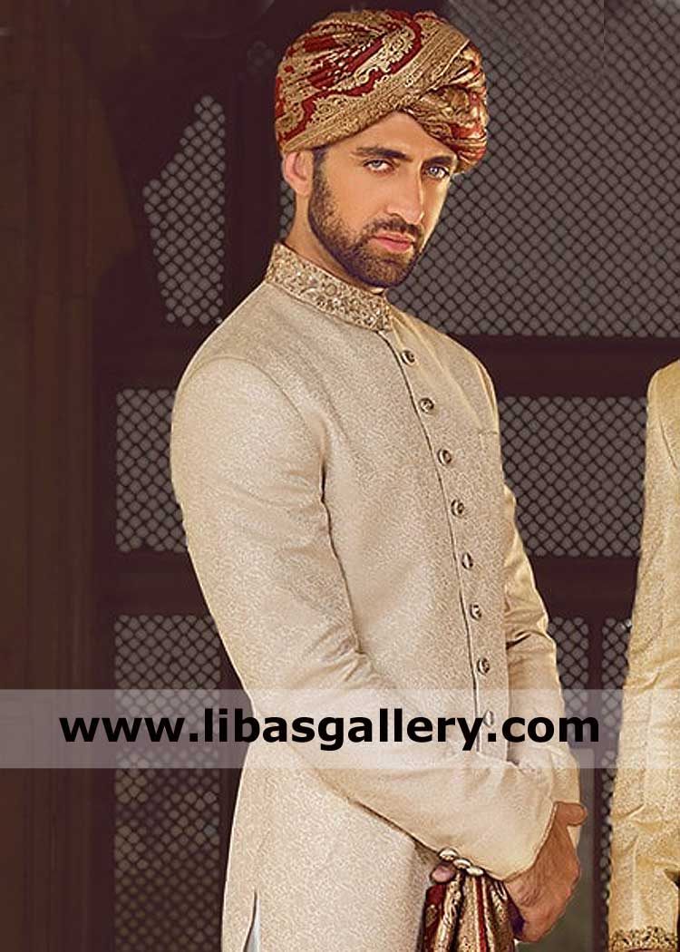 Red gold Jamawar banarsi wedding turban for proud nikah day groom