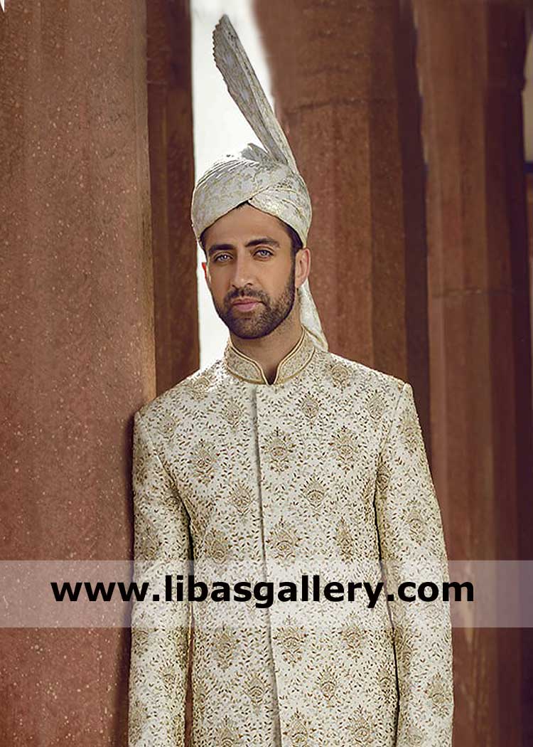 jamawar tower fan off white Kulla for groom wedding day