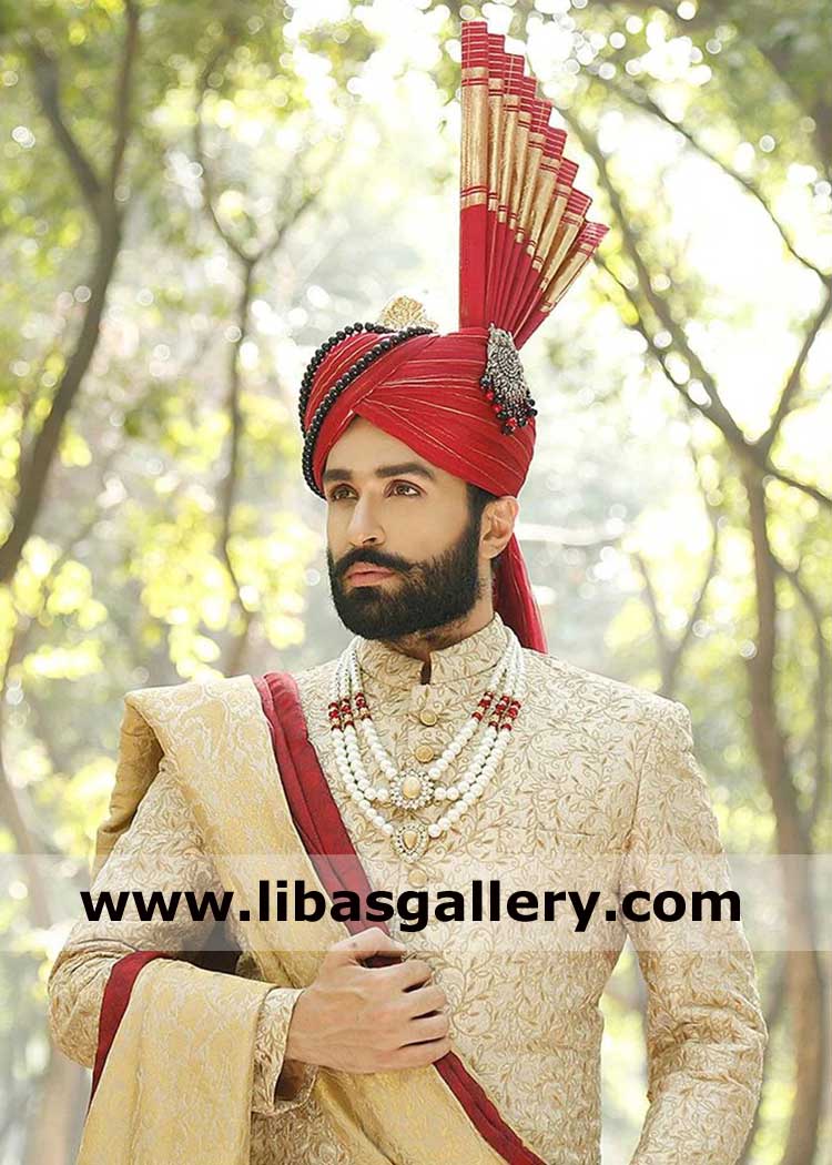 Nice looking Groom in Red Tower Fan Marriage Turban 