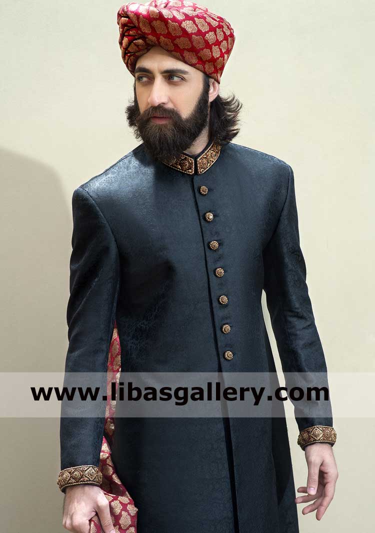 Red jamawar pretied groom wedding turban long tail