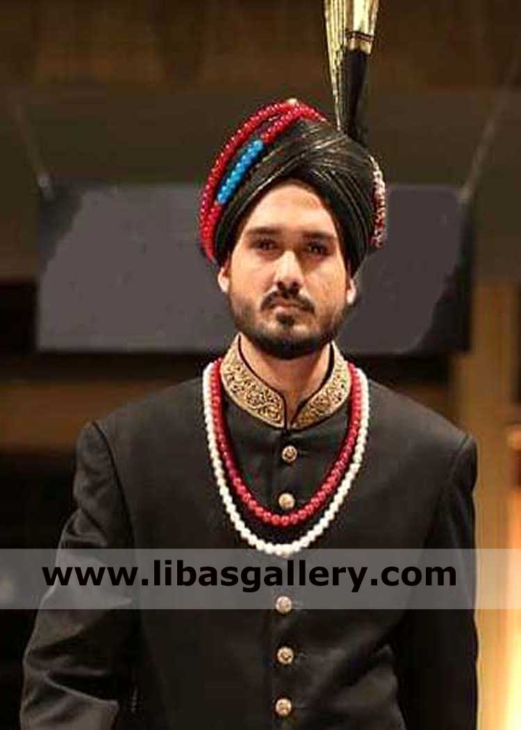 Black groom turban tower fan style with pearl mala decoration and jewelry pc as brooch shop online nikah pagri for dulha uk usa canada dubai australia