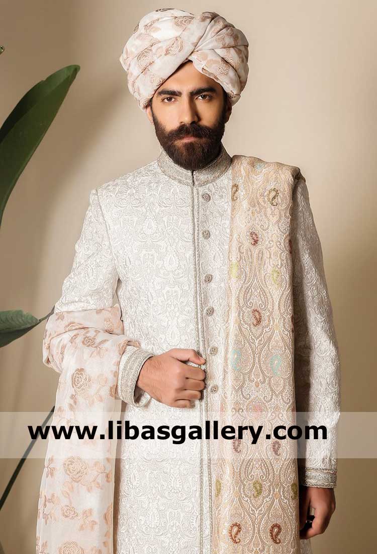 Off white Jamawar groom wedding pagri style