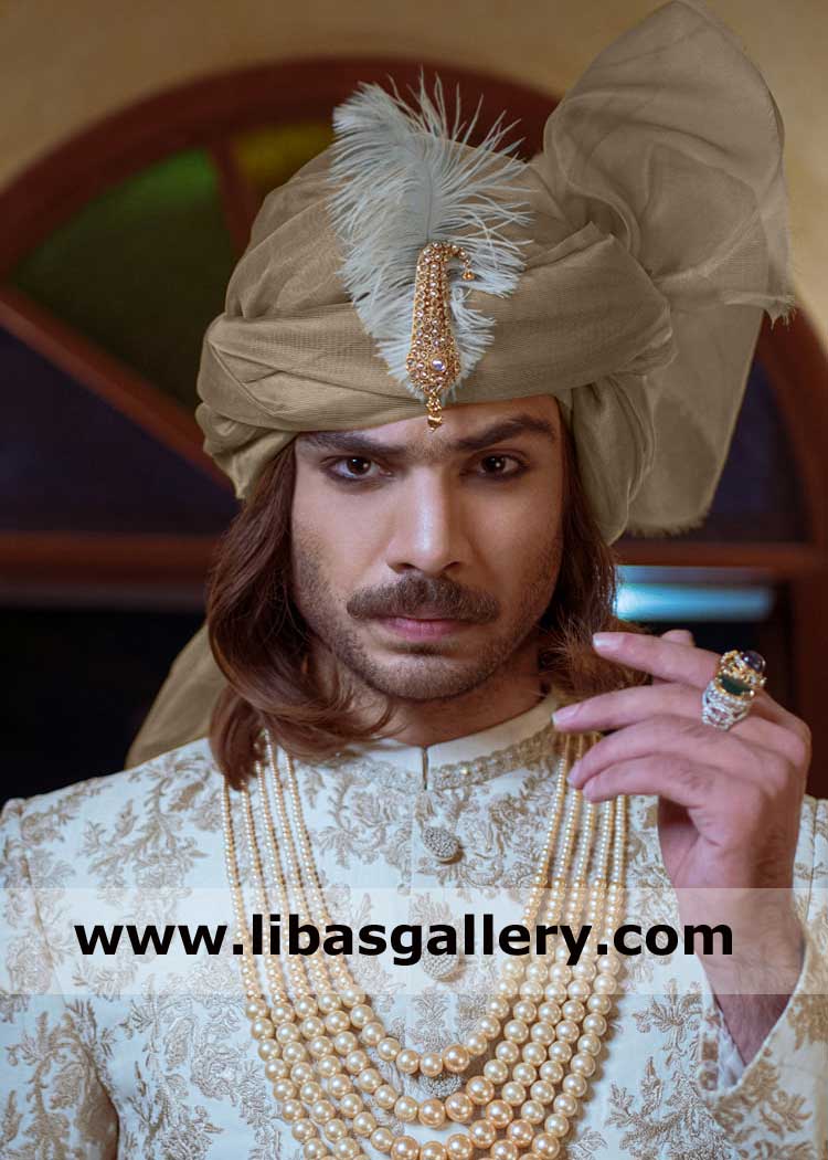 Groom gold organza pretied nikah day turban style