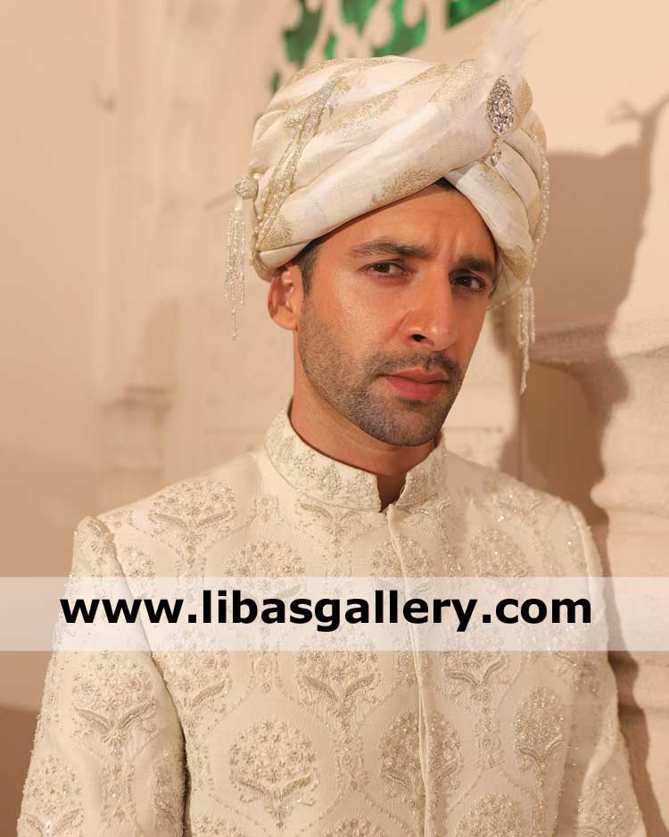 Off white Men Jamawar Wedding Turban without Tail
