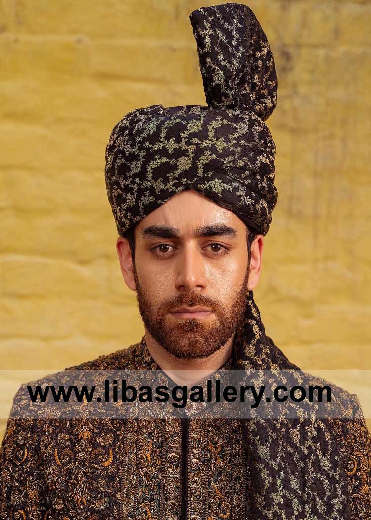 Black Jamawar Groom Nikah Barat Wedding Turban