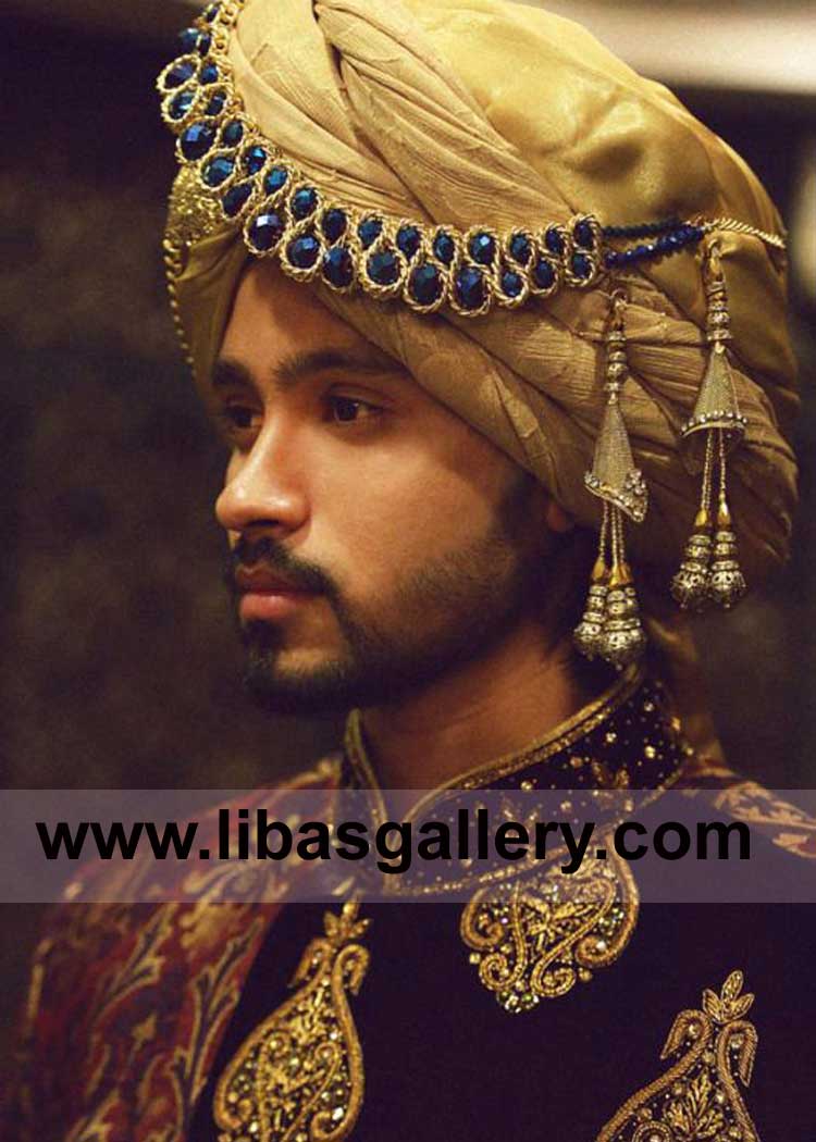 Gold Royal Men Wedding Turban decorated with Tassels