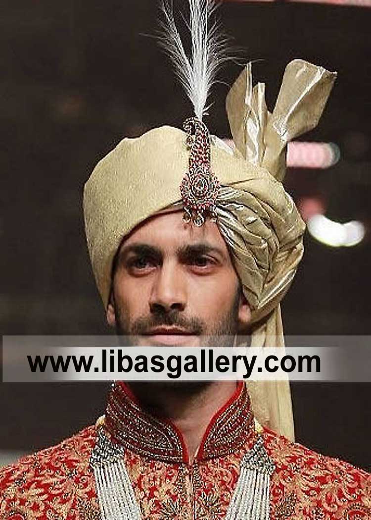 Gilded Splendor Inspired Gold Wedding Turbans for Grooms