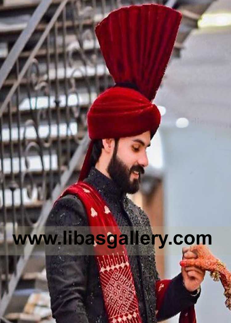 Elegant Maroon Velvet Wedding Kulla for Nikah day Groom