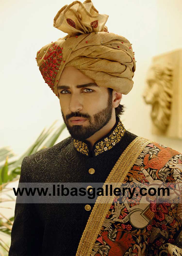Gold Embroidered Groom Wedding Turban for Nikah Barat