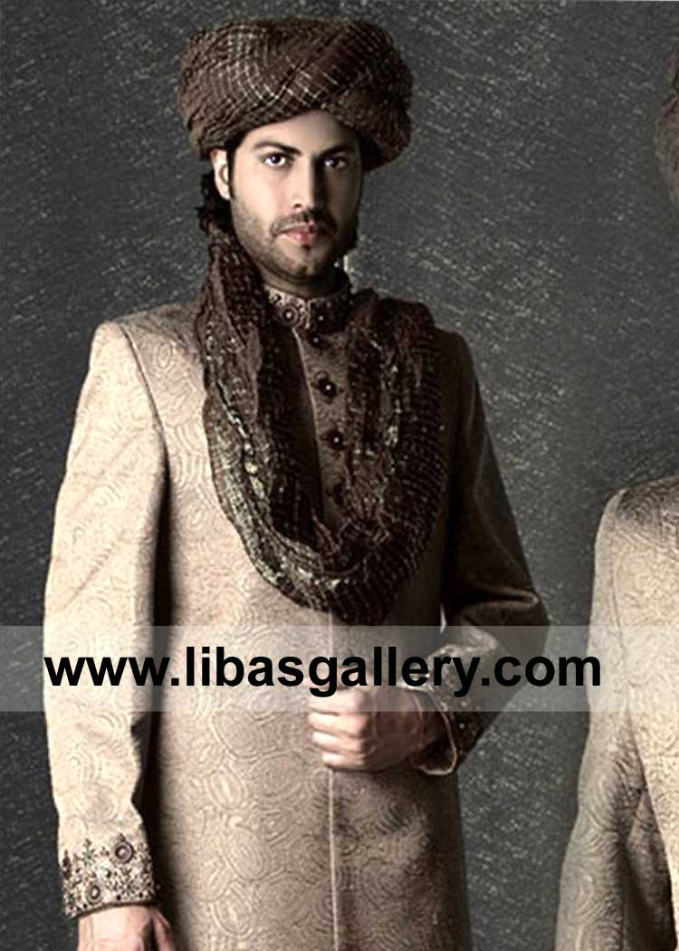 Groom Wedding Turban Brown with Silver Zari lines