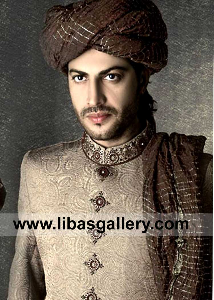 Groom Wedding Turban Brown with Silver Zari lines