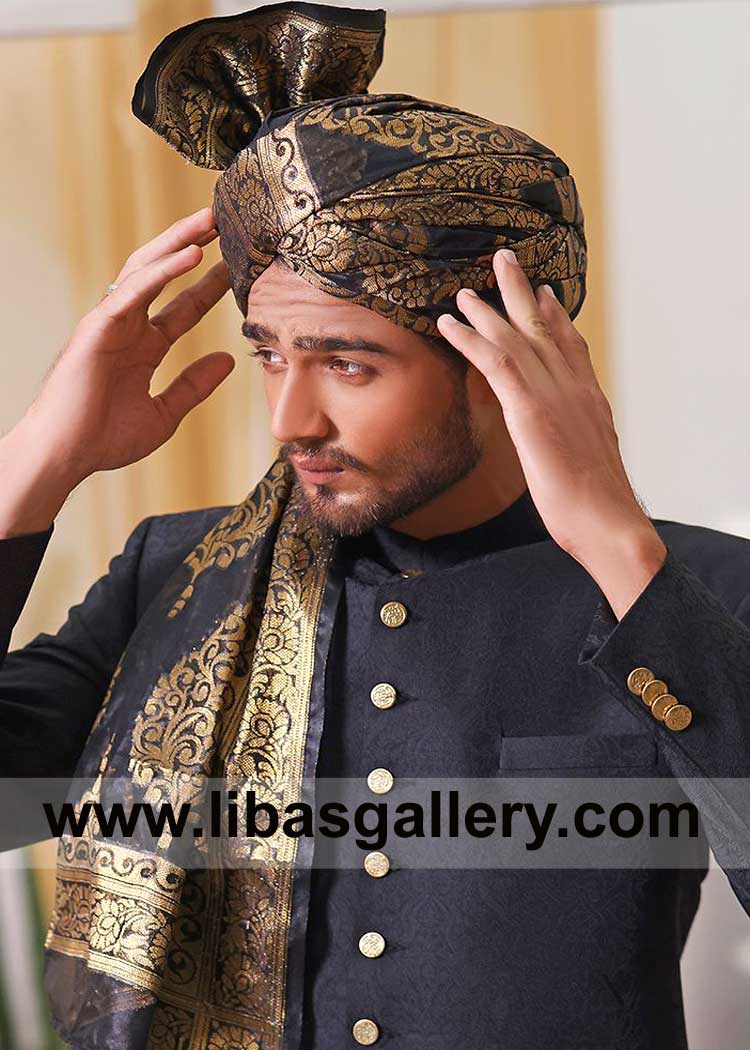 Traditional Black Gold Groom Wedding Turban