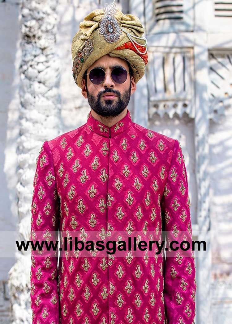 Royal Style Jamawar Turban for Prince Style Wedding Ceremony decorated with Brooch and lace tightly wrapped fast delivery UK USA Canada Australia Dubai Royal Style Jamawar Turban for Prince Style Wedding Ceremony decorated with Brooch and lace tightly wrapped fast delivery UK USA Canada Australia Dubai