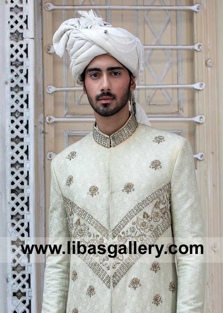 White Wedding Turban for Groom decorated with Mala