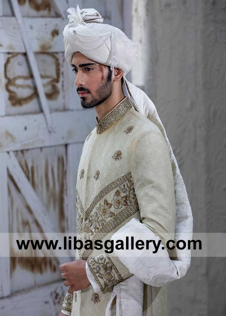 White Wedding Turban for Groom decorated with Mala
