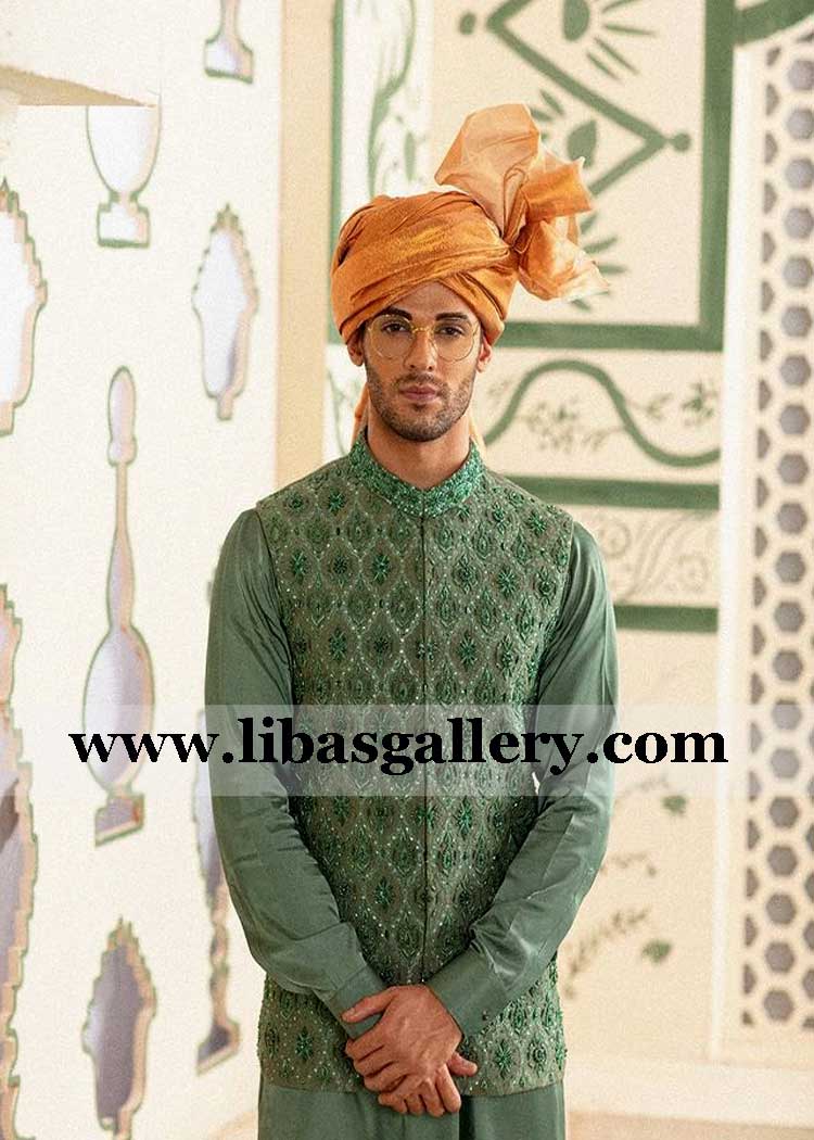 olive green designer waist coat embroidered suit for groom
