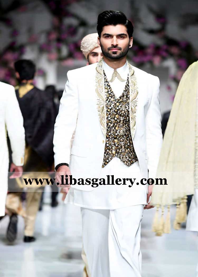 white groom prince coat with embroidered lapel and sleeveless vest