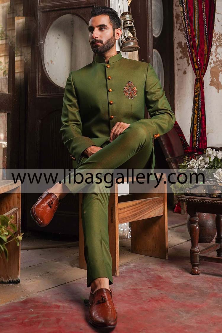 Green Wedding Prince coat for Groom Nikah Barat Day