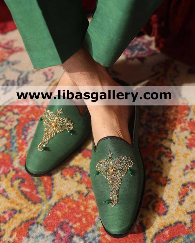 Green Groom Wedding Shoes for Nikah Barat with Gold Embroidery