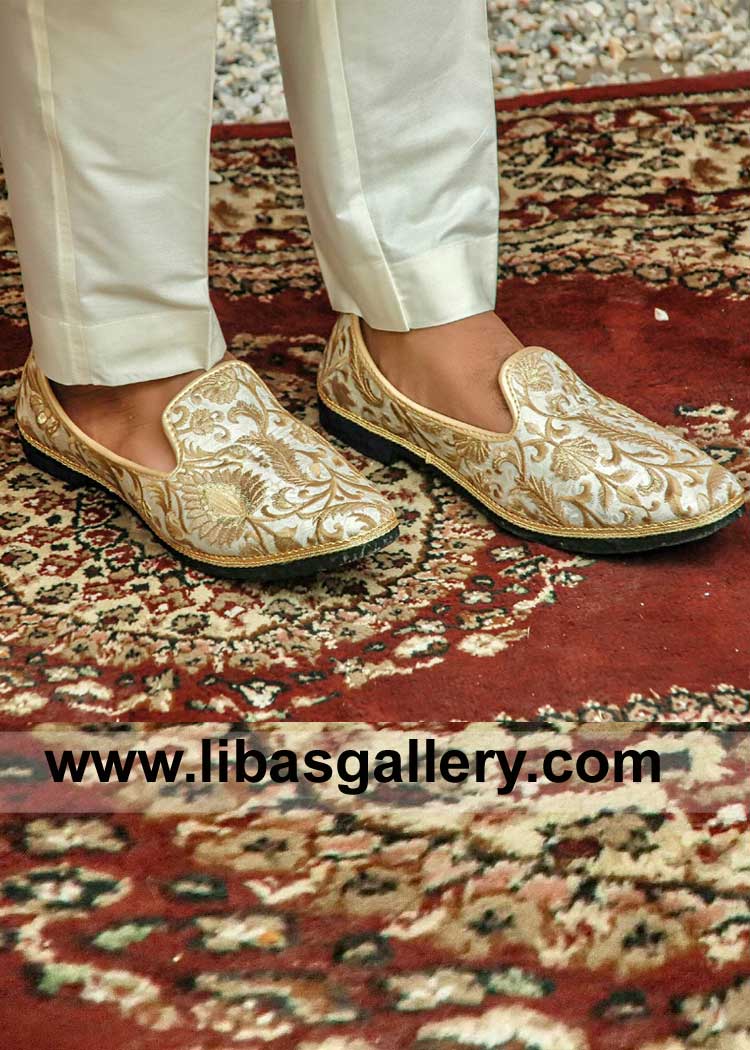 Off White Men Shoes with Gold and Antique Embroidery for Wedding