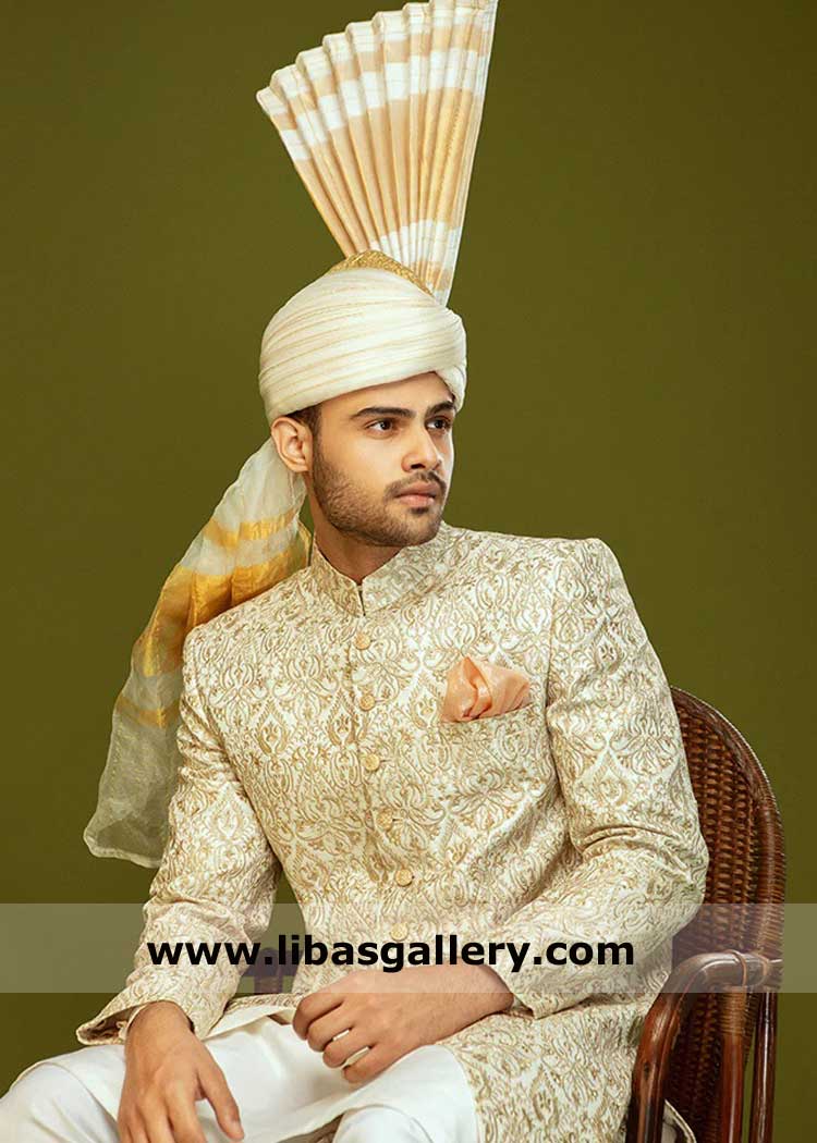 Groom Turban Atchison style in white, Pakistani Wedding Turbans for Nikah, Nikah Kulla for Groom sherwani UK USA Canada Dubai Australia
