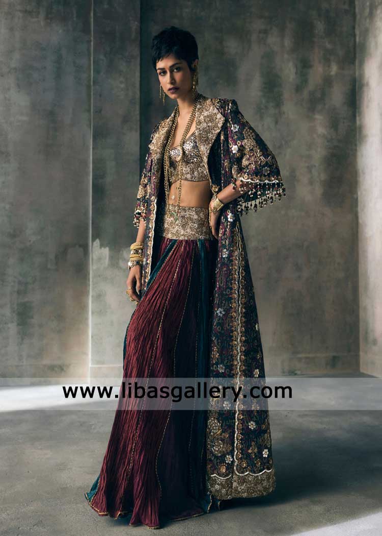 Jewel tone embellished jacket with crushed lehenga