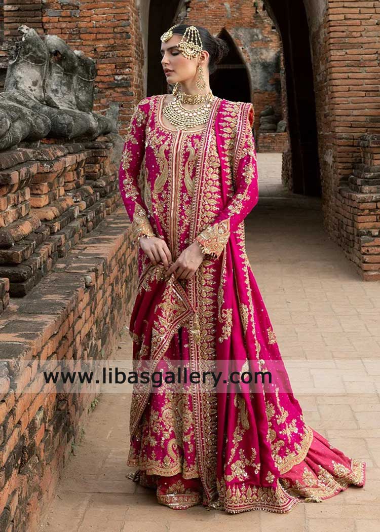 Hot pink Bridal With Farshi Gharara and Dupatta
