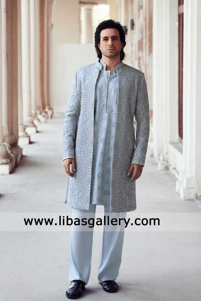 Groom open style ice blue floral embroidered sherwani with cut dana Resham and adda work Brisbane Dubai Sugarland Mississauga Glasgow Groom open style ice blue floral embroidered sherwani with cut dana Resham and adda work Brisbane Dubai Sugarland Mississauga Glasgow