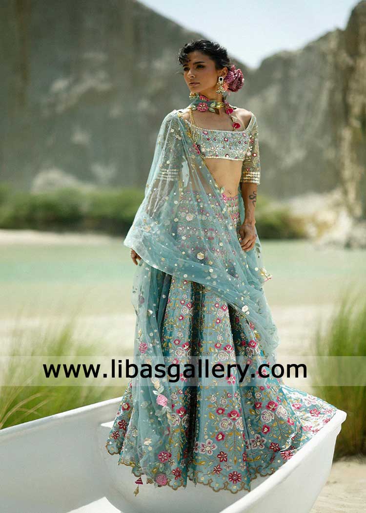 Ice Blue hand embellished lehenga choli for modern bride