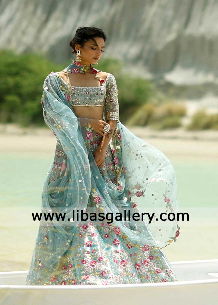 Ice Blue hand embellished lehenga choli for modern bride