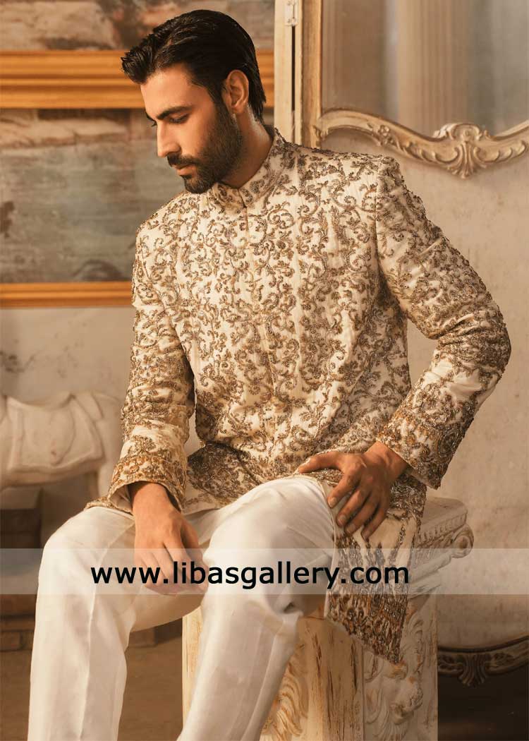 Ivory Hand Embellished Short Sherwani for Groom