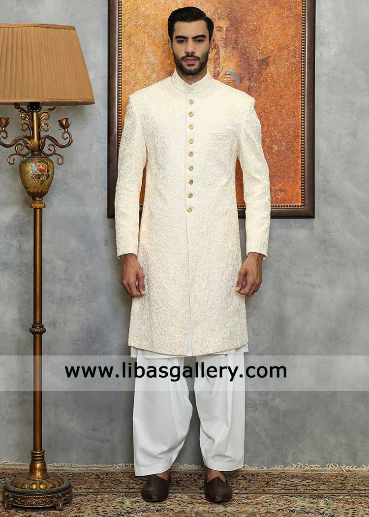 Ivory Embroidered Wedding Sherwani for Groom