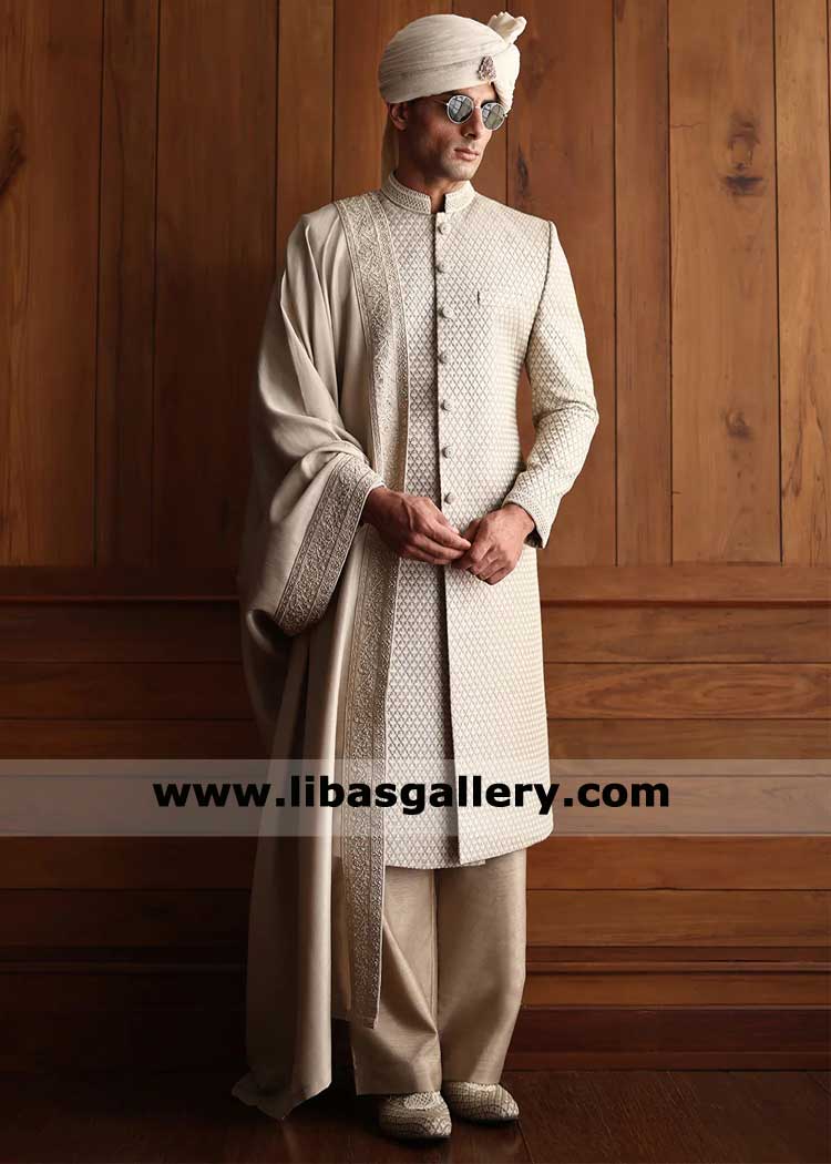 Ivory Wedding Sherwani all over embroidered fabric with hand embellishment on collar cuff inner suit UK USA Canada