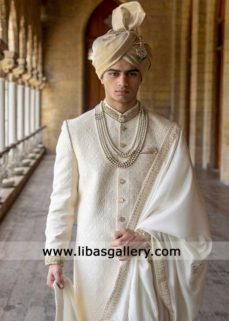 Ivory Embroidered Groom Sherwani for Nikah