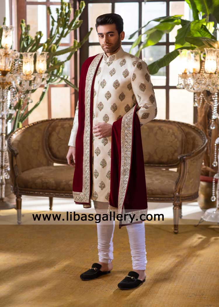 Ivory Raw Silk Hand Embroidered Groom Nikah Sherwani