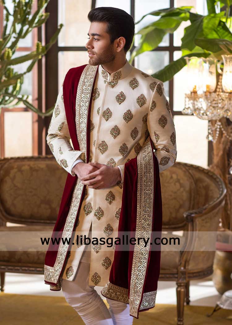 Ivory Raw Silk Hand Embroidered Groom Nikah Sherwani