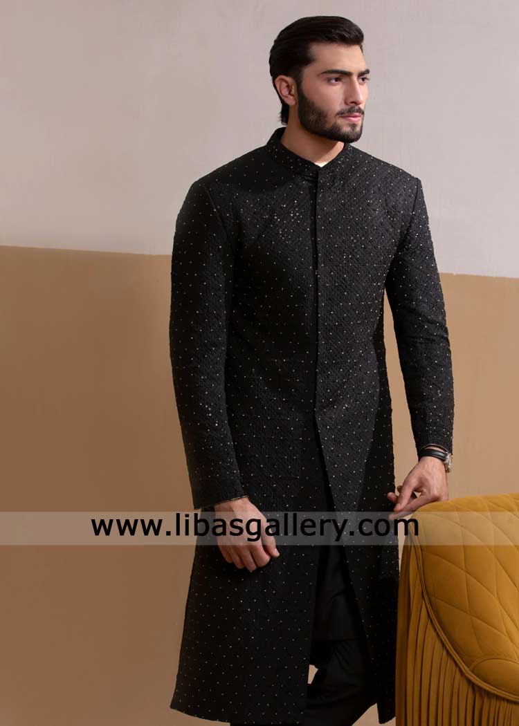 Jet black embroidered sherwani with hand work detail