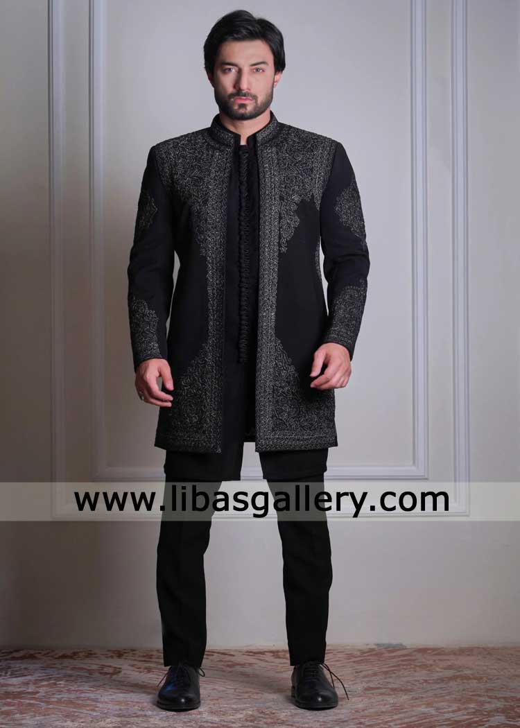 Luxury jet Black Raw silk Groom Open Sherwani 